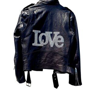Hipchik Couture Rhinestone Crystal Love Black Lambskin Leather Jacket S M Moto